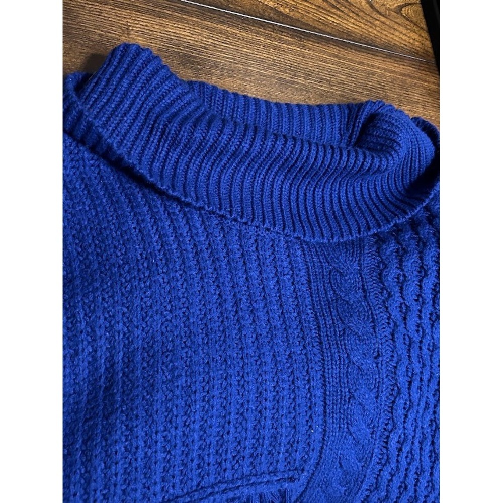 Calvin Klein Women's Sweater XL Cable Knit Chunky Turtleneck Cobalt Blue Fringe - Picture 7 of 8